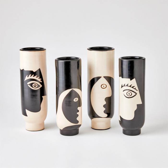 Simple Face Vase-Black w/Natural Design