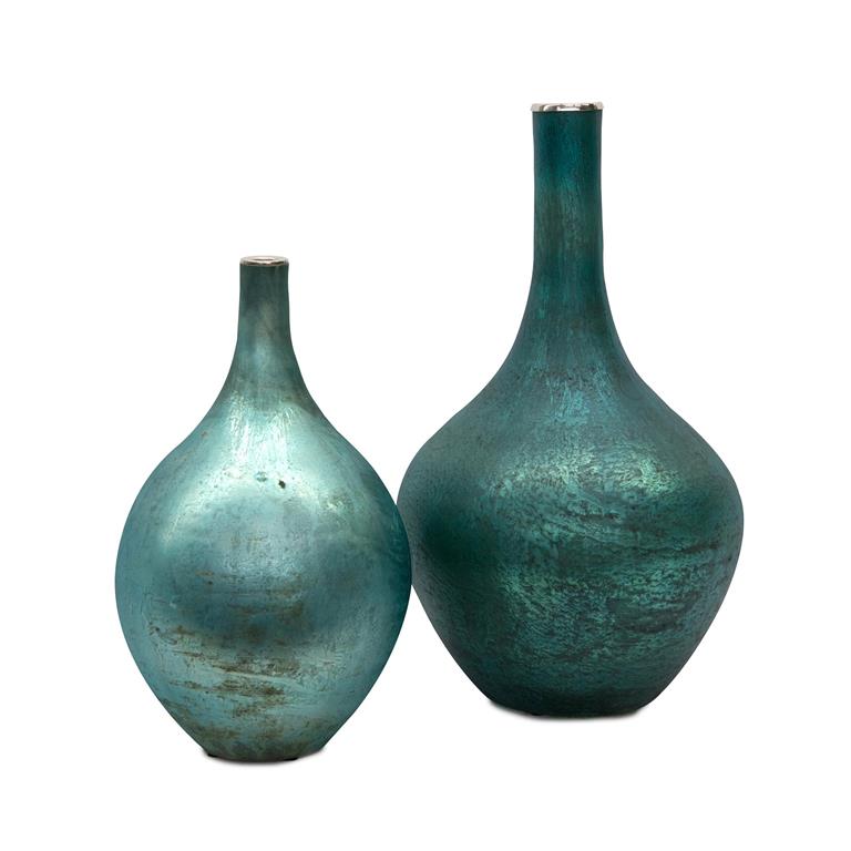 Set Of Two Peacock Blue Iridescent Vases