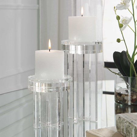 CRYSTAL PILLAR CANDLEHOLDERS S/2